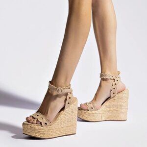 XYD Beige Platform Eyelets Sandals Open Toe Espadrilles Wedge High Heels Shoes